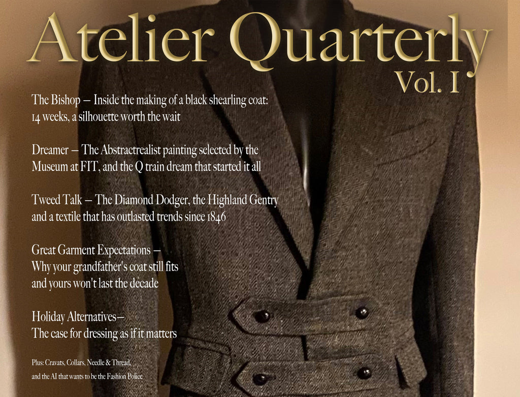 PRESS: A book cover titled 'Atelier Quarterly Vol. I' featuring a close-up of a textured brown double-breasted suit jacket on a mannequin against a warm beige background, with white text listing article titles on the left.