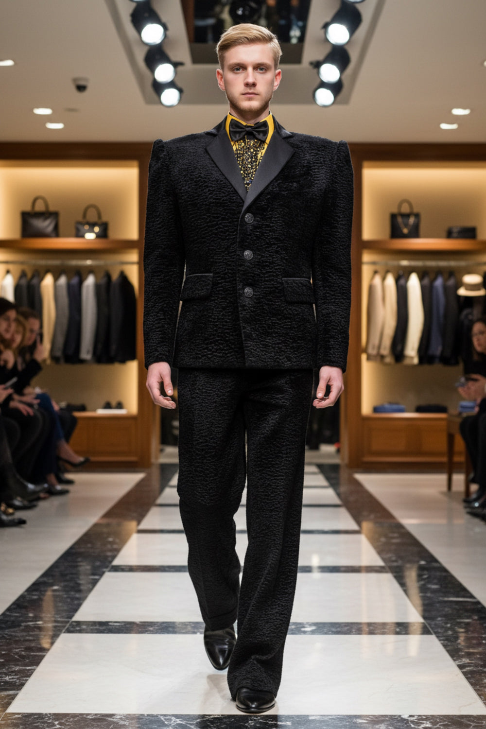 Stacy Stewart smith Onyx Grand Soir Tuxedo Ensemble on a mannequin 6'3" walking in a retail fashion show with men's garments on racks and accessories on the shelves in background. 