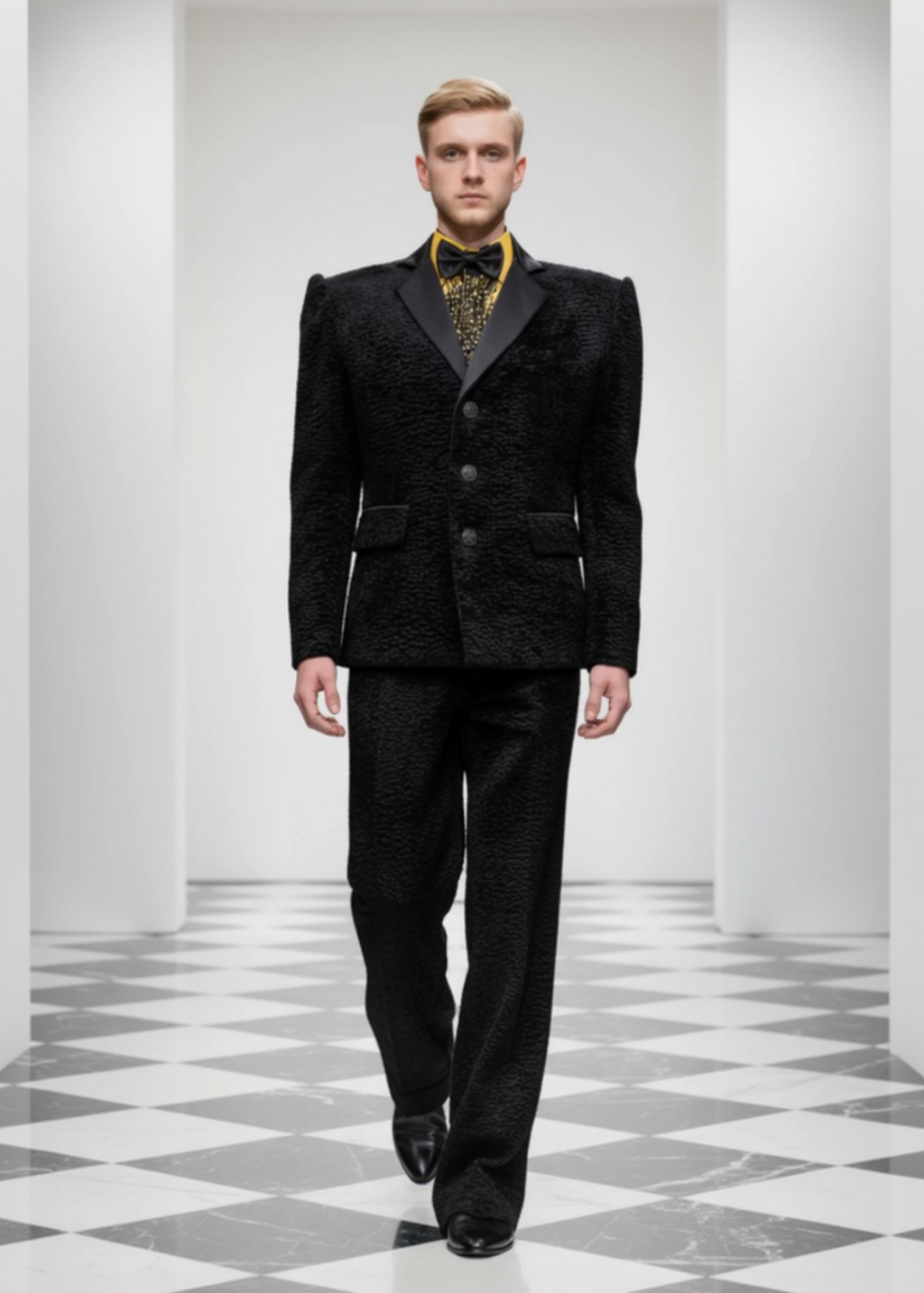 Stacy Stewart smith Onyx Grand Soir Tuxedo Ensemble on a mannequin 6'3" walking in a fashion show with checked floor and white entrance.