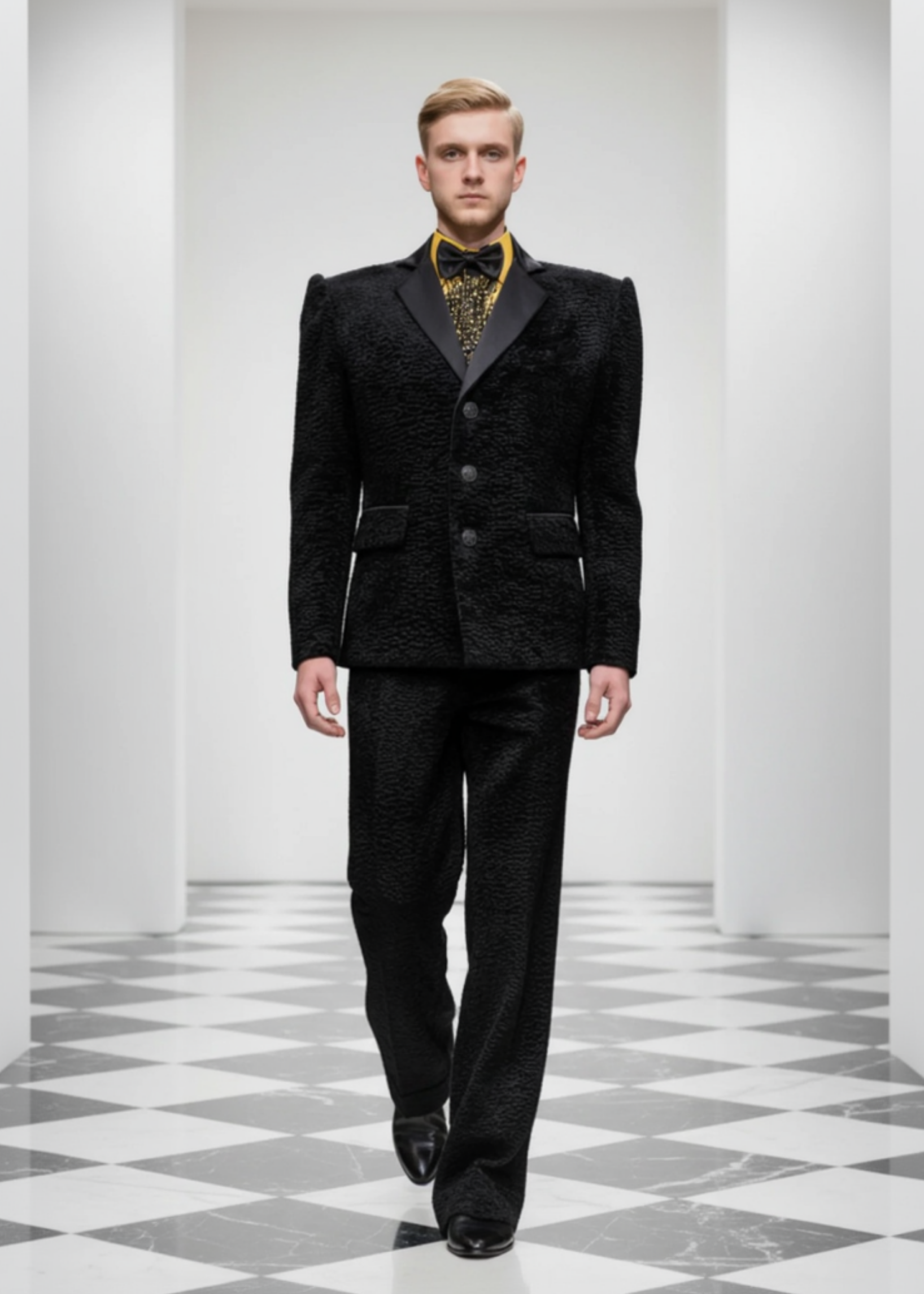 Stacy Stewart smith Onyx Grand Soir Tuxedo Ensemble on a mannequin 6'3" walking in a fashion show with checked floor and white entrance.