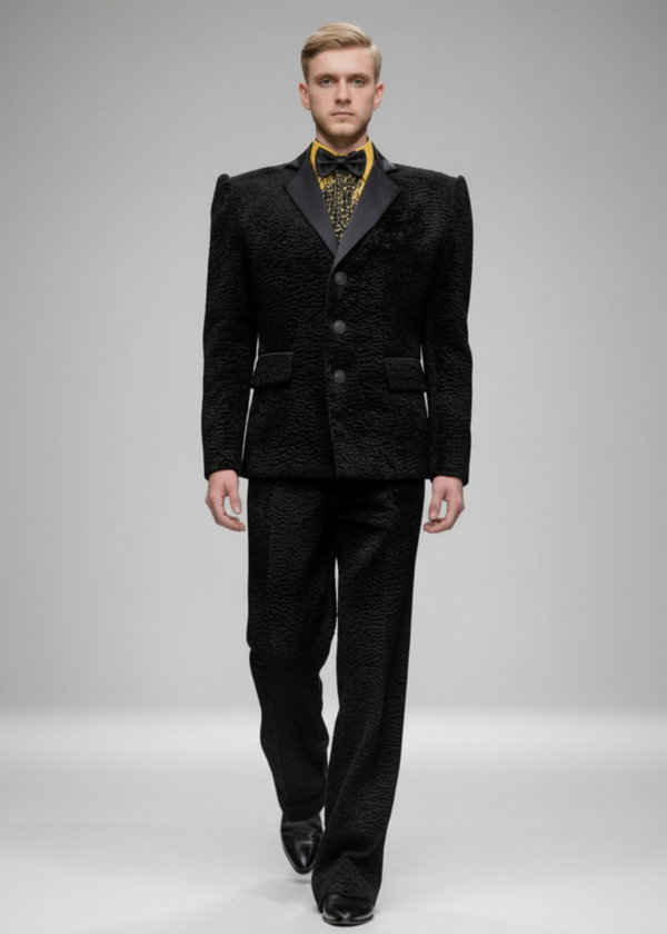 Stacy Stewart smith Onyx Grand Soir Tuxedo Ensemble on a mannequin 6'3" walking in a fashion show with checked floor and white entrance.
