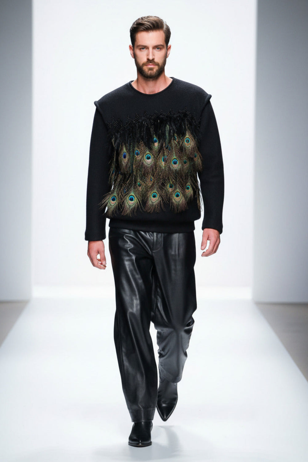 Stacy Stewart Smith Men's Pennaceous Beaded Boiled Wool Sweater — runway view