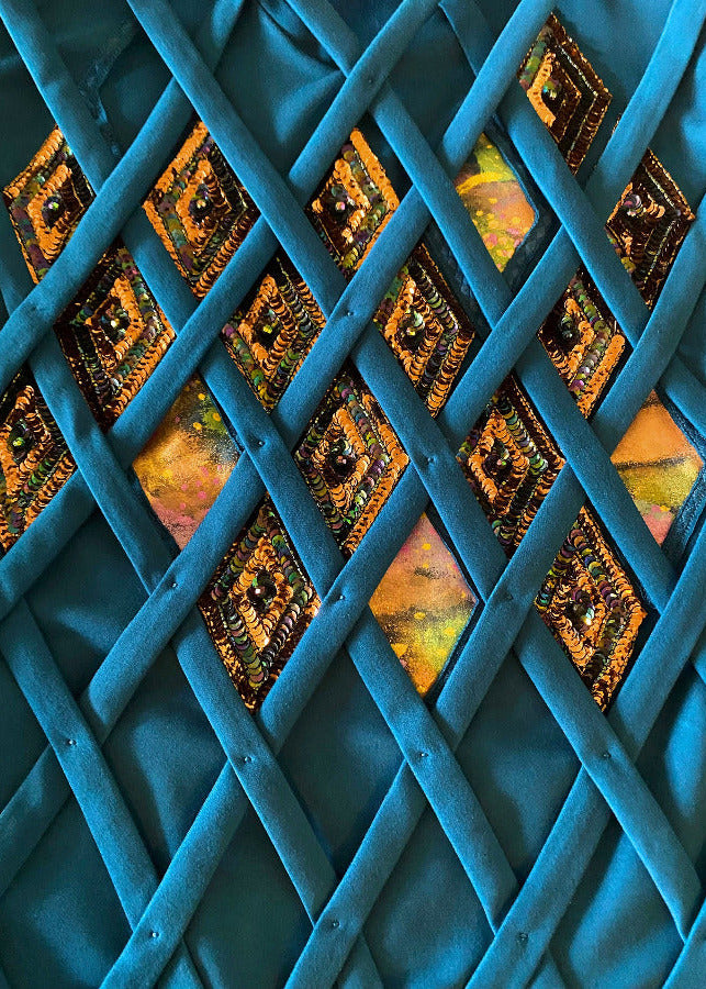 Example of Rhombus labyrinth Digital Art Print by Stacy Stewart /smith with Diamond Shaped sequin/beaded appliques, hand painting and embroidery breath lattice work in Deep Lagoon Teal Blue