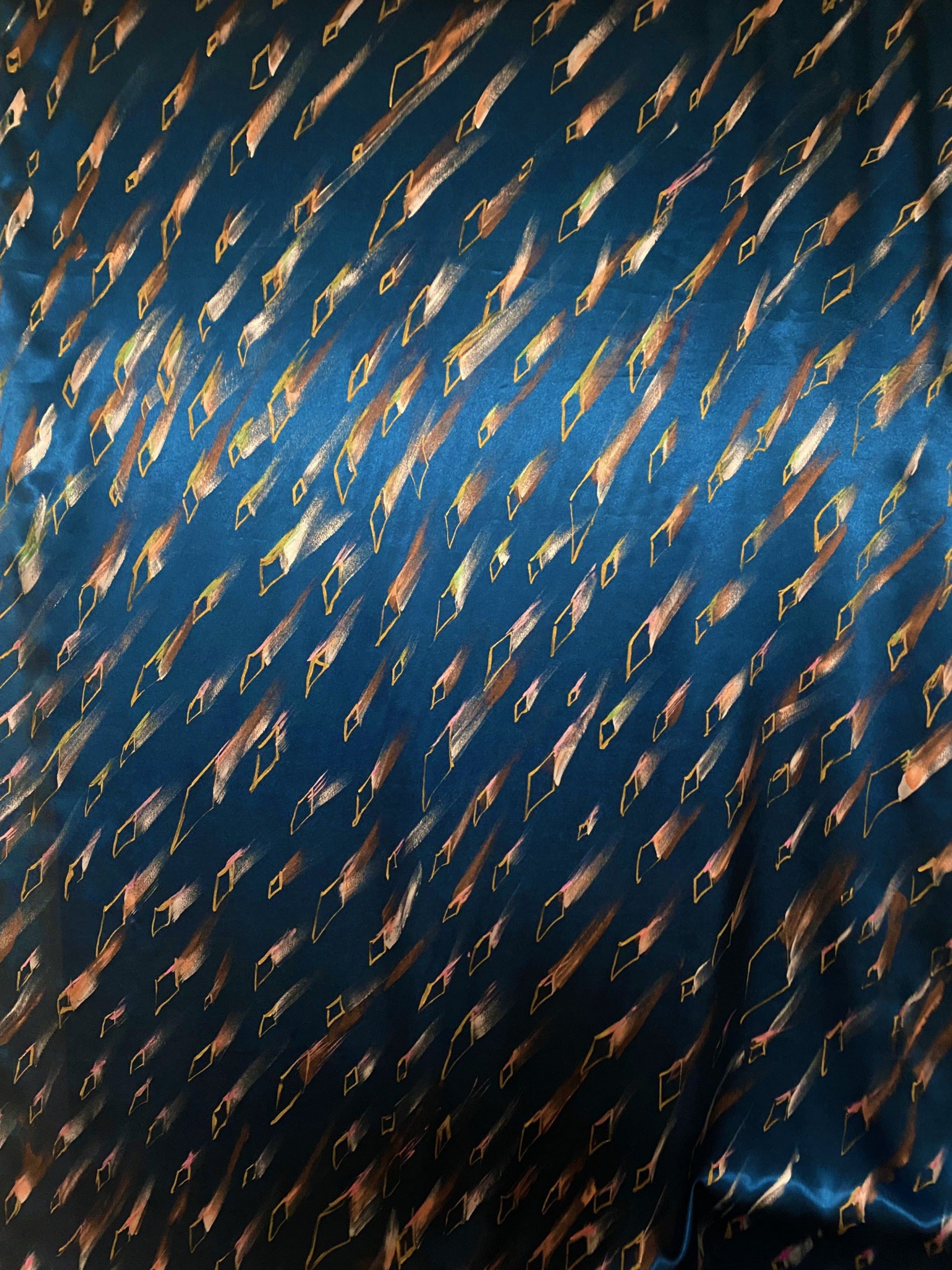 Rombus Shower ©2026 Stacy Stewart Smith Hand-Painted print on Lagoon Teal Blue Crepe Back Satin.