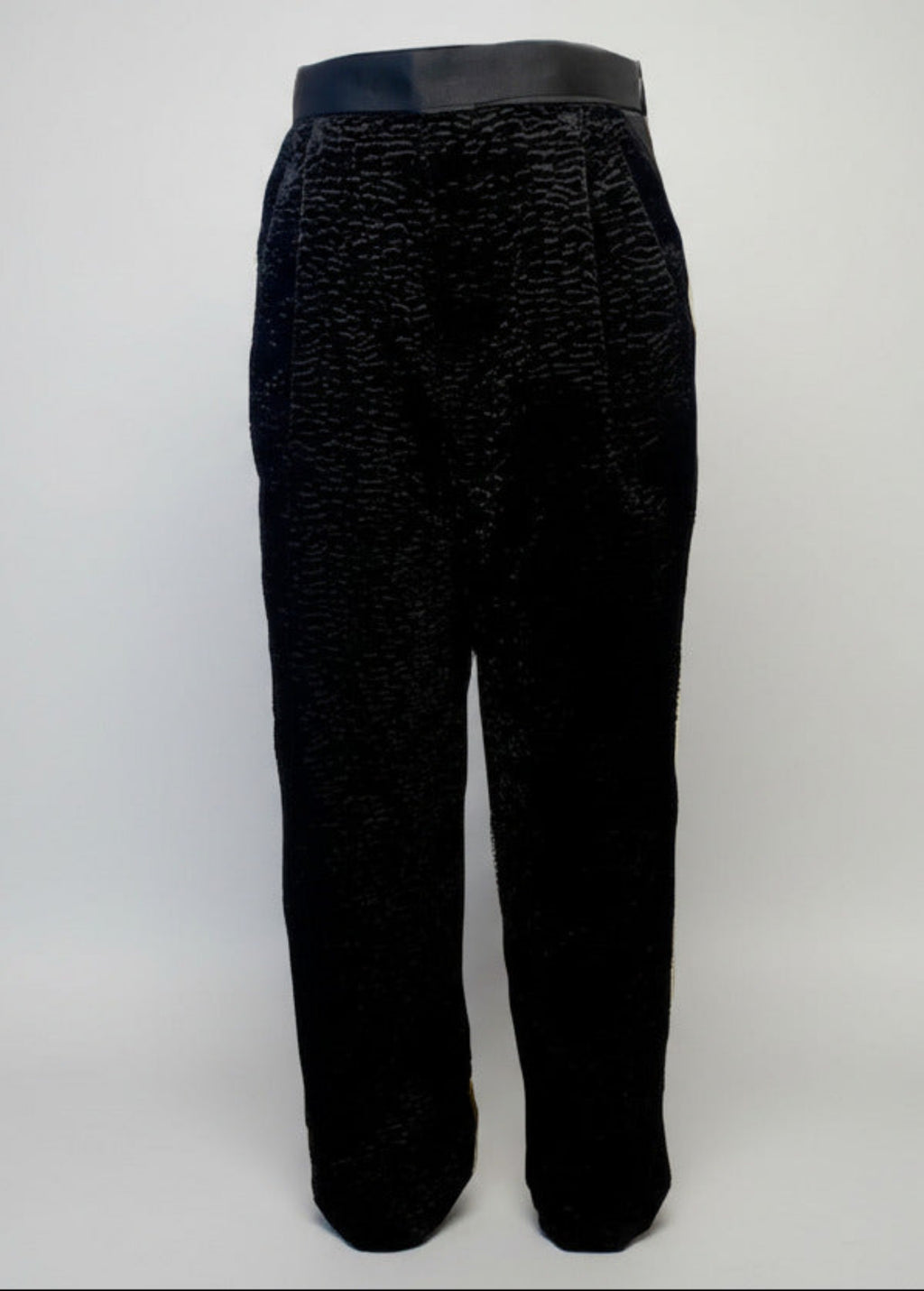 Stacy Stewart Smith Men's Faux Persian lamb pleated Windsor pants, floating front view.