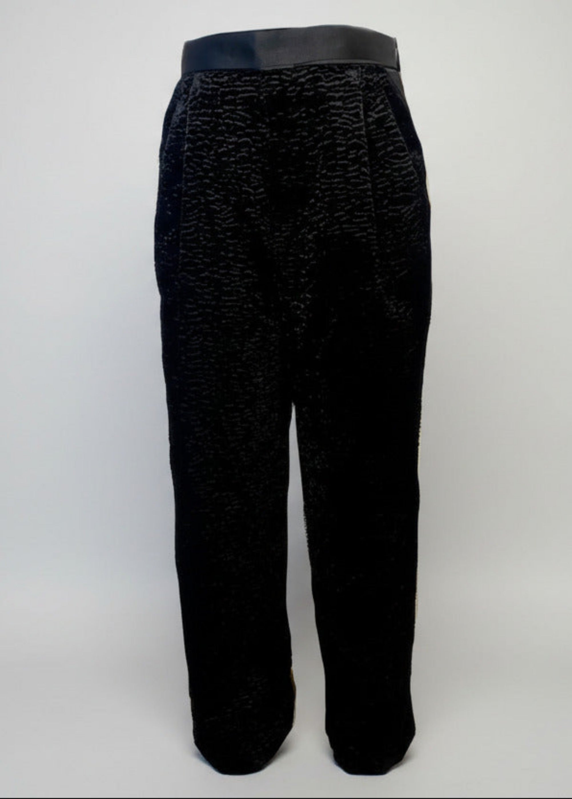 Stacy Stewart Smith Men's Faux Persian lamb pleated Windsor pants, floating front view.