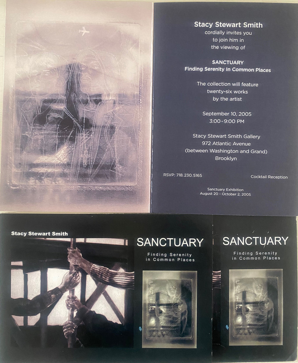 A set of art exhibition materials for Stacy Stewart Smith's 'Sanctuary' exhibition, including an invitation card, an artist statement, and two program booklets featuring a dark-toned photograph of a hanging figure and smaller artwork thumbnails.