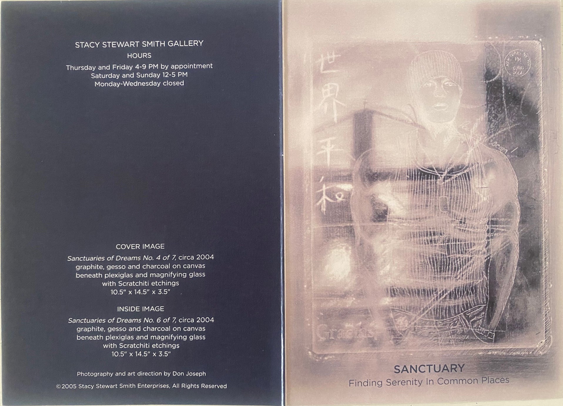 A square art print or booklet cover shown front and back. The left panel is dark navy with white text reading 'STACY STEWART SMITH GALLERY' and gallery hours, plus cover and inside text.