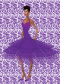 Digital fashion Illustration of model in purple lace dress design by Stacy Stewart Smith with lace graphic backdrop.