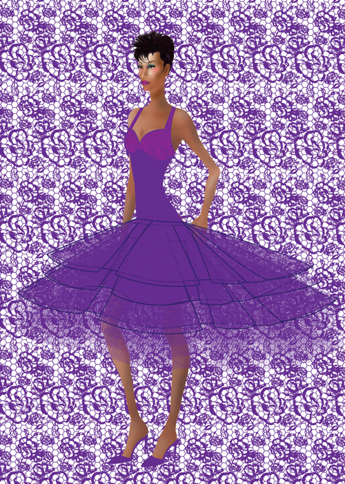 Digital fashion Illustration of model in purple lace dress design by Stacy Stewart Smith with lace graphic backdrop.