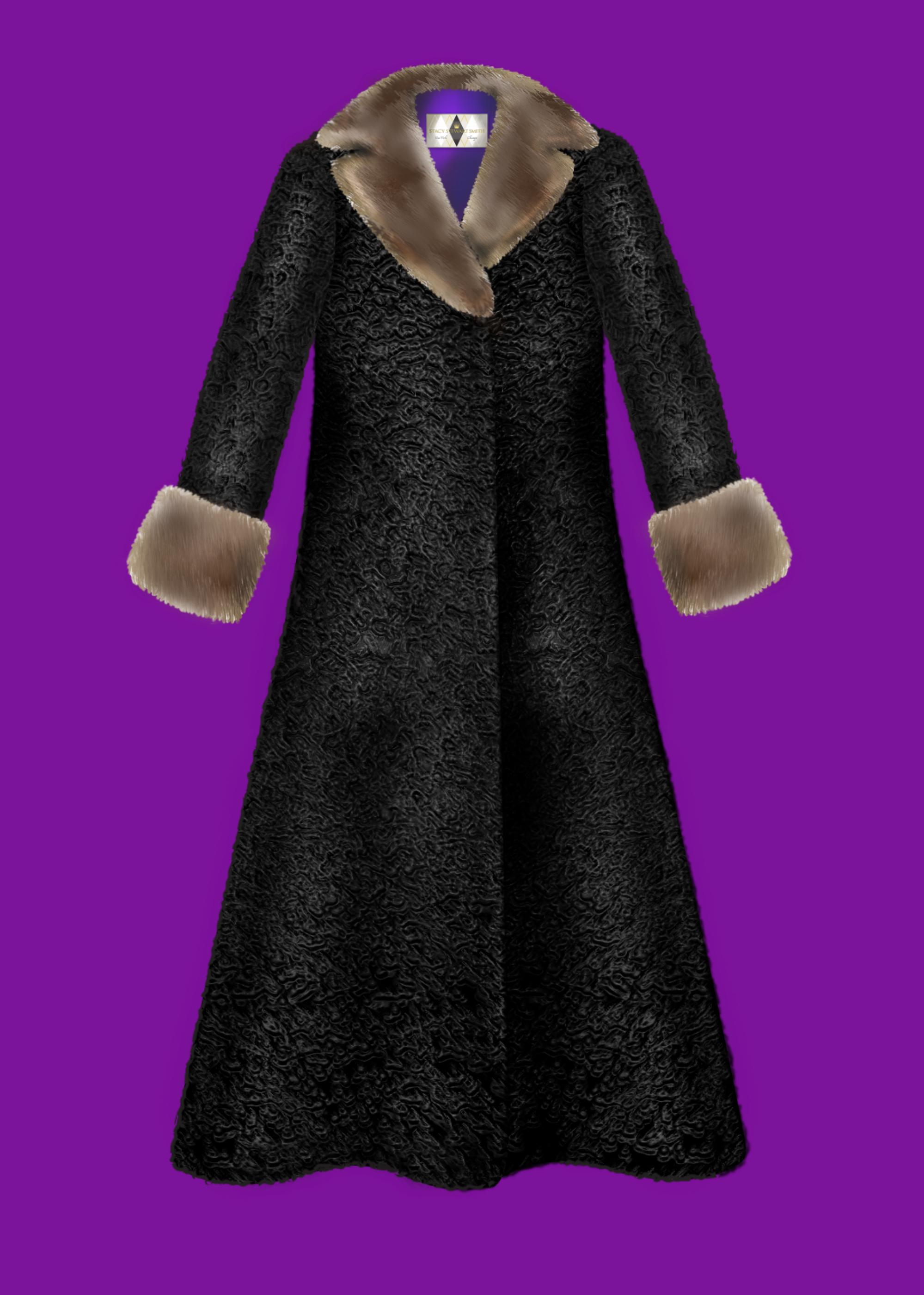 Digital Fashion Design & Illustration of Black Persian Lamb Coat with Taupe Mink Collar and Cuffs with a Violet lining Branded Label and Vivid Violet Background