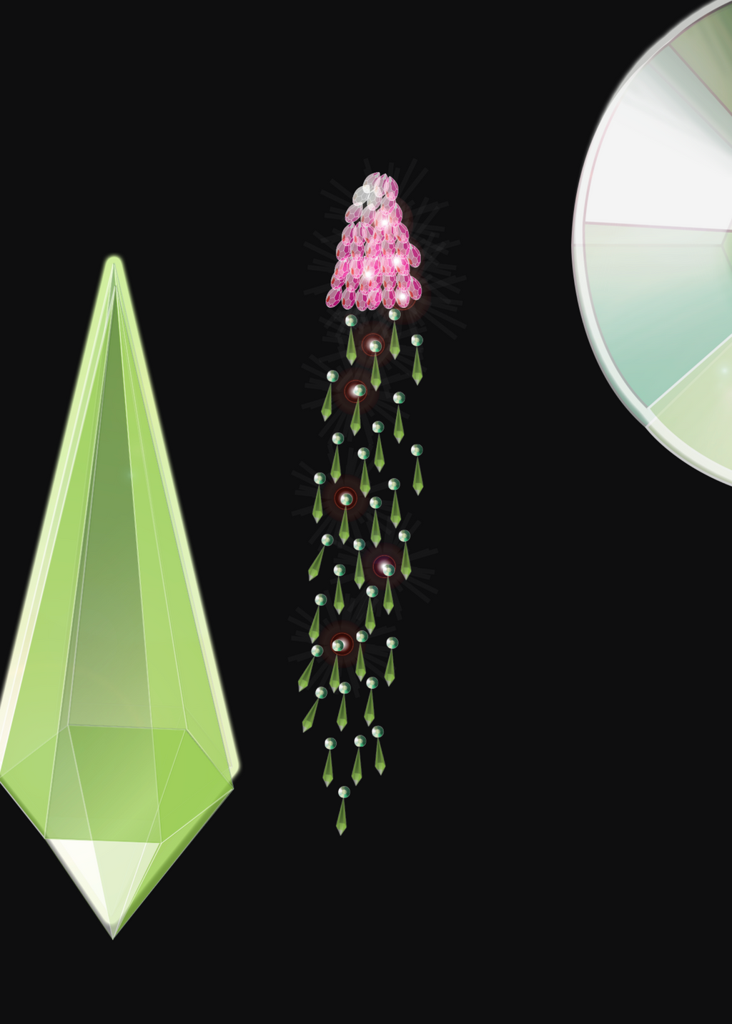 Digital fashion illustration of crystal beads and rhinestones by Stacy Stewart Smith on a black background floating.