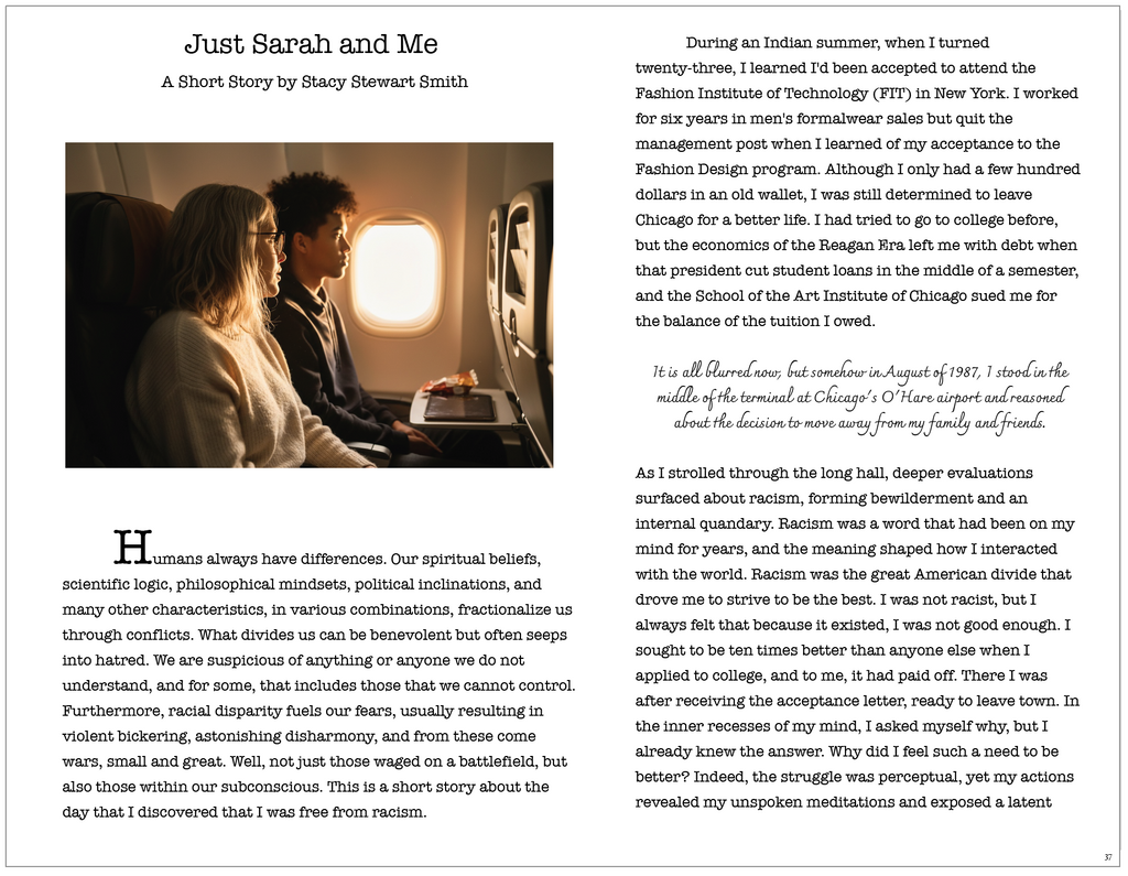 A printed page featuring the title 'Just Sarah and Me' and the subtitle 'A Short Story by Becky Stewart Smith,' with a small inset photo of a woman in an off-white sweater and a young man seat in an airplane row. there is also a long column of black text on a white page.