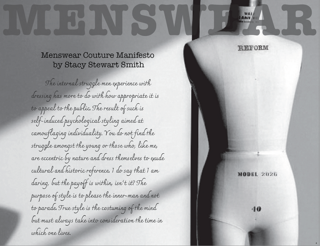 A black-and-white book or magazine cover featuring the title 'MENSWEAR' in large letters, a manifesto text excerpt by Stacy Stewart Smith, and a vintage-style dress form mannequin on the right side.