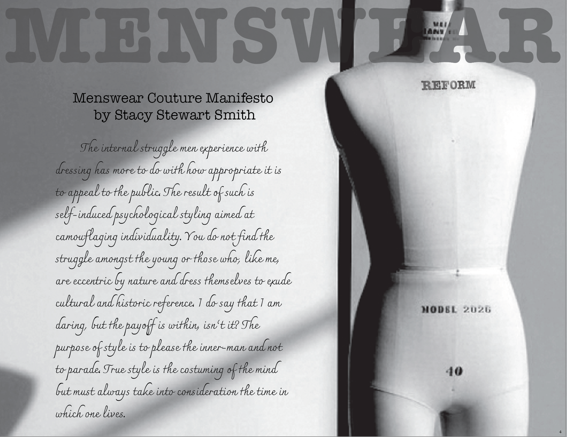 A black-and-white book or magazine cover featuring the title 'MENSWEAR' in large letters, a manifesto text excerpt by Stacy Stewart Smith, and a vintage-style dress form mannequin on the right side.