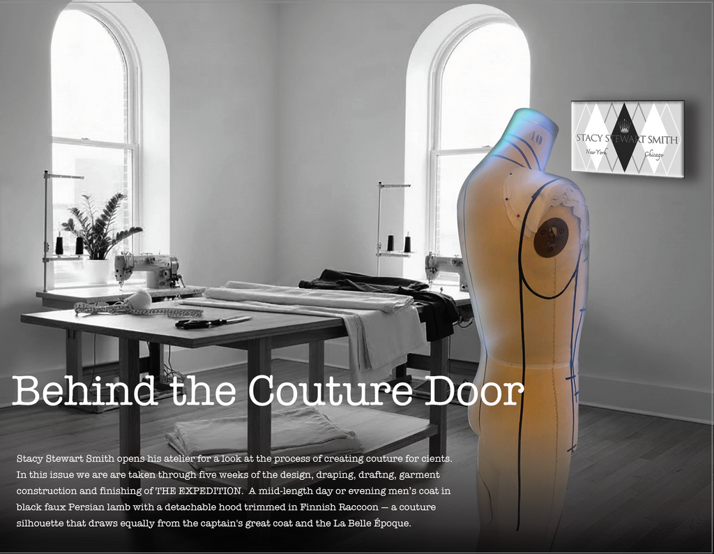A promotional interior scene of a couture atelier with sewing tables, windows, and a large mannequin dress form in the foreground. White text across the lower left reads 'Behind the Couture Door,' and a framed sign on the wall says 'STACY STEWART OF SMITH.