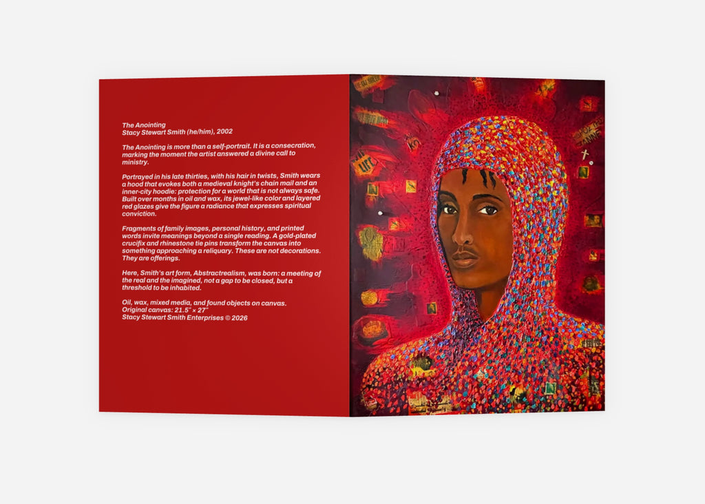 The Anointing Note Card: Frontal open view with a self-portrait of Stacy Stewart Smith (he/him) right and information about the painting on the left.