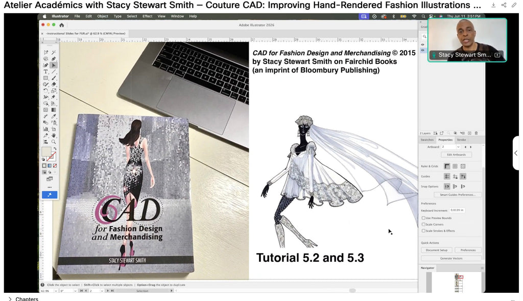 Screen capture of a computer screen showing a book titled 'CAD for Fashion Design and Merchandising' and related fashion illustrations by Stacy Stewart Smith.