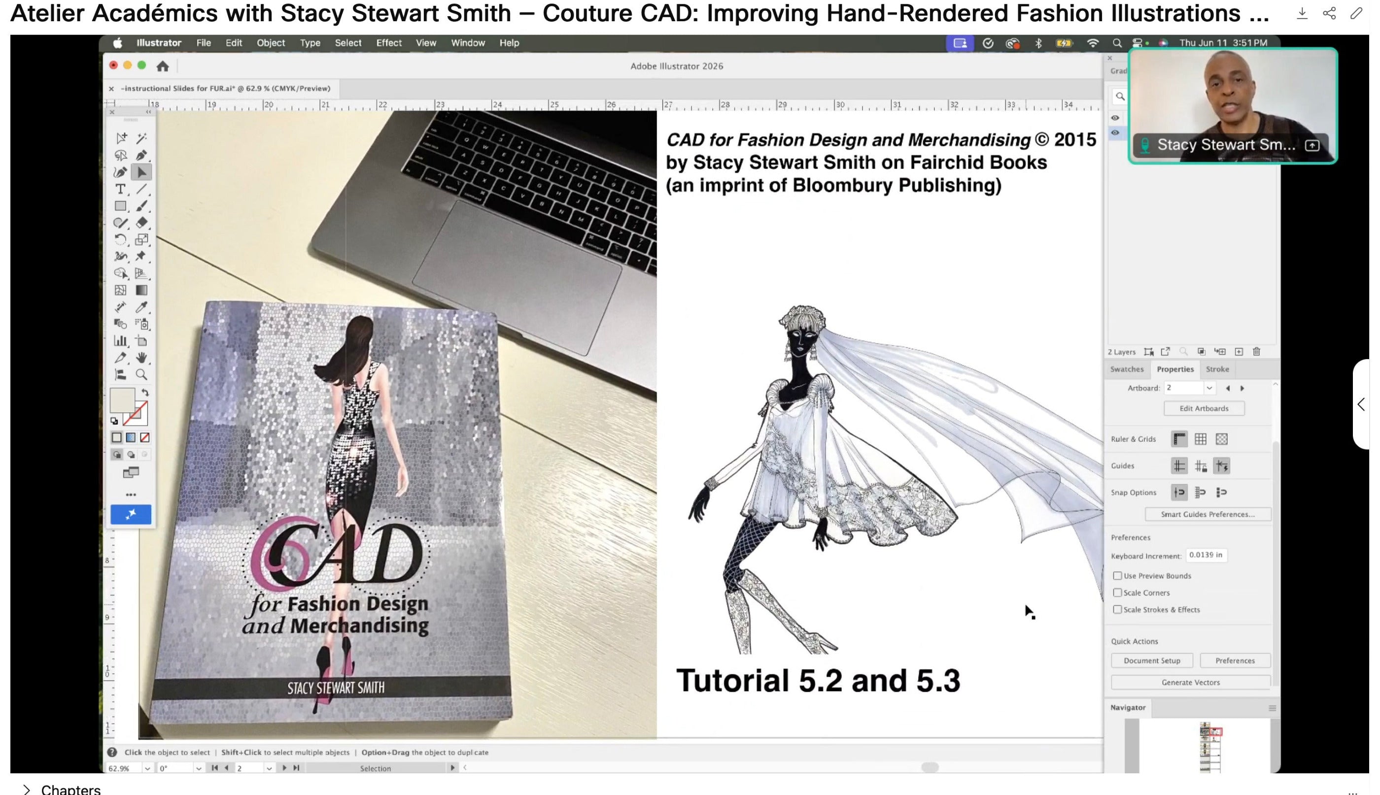 Screen capture of a computer screen showing a book titled 'CAD for Fashion Design and Merchandising' and related fashion illustrations by Stacy Stewart Smith.
