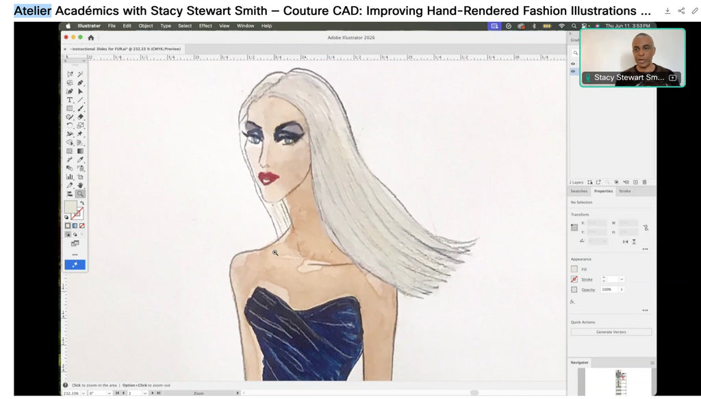 Computer screen showing a fashion illustration of a woman in a strapless dress with hand-rendered details in lesson by Stacy Stewart Smith.