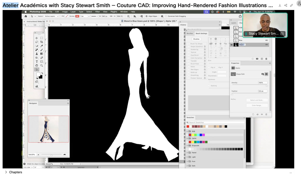 Computer screen showing fashion illustration software with a silhouette of a woman on a black background during lesson with Stacy Stewart Smith.