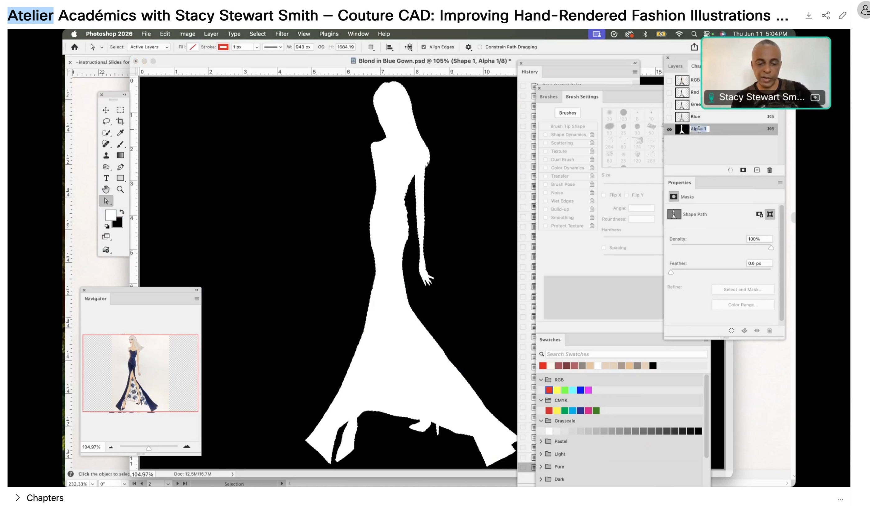 Computer screen showing fashion illustration software with a silhouette of a woman on a black background during lesson with Stacy Stewart Smith.