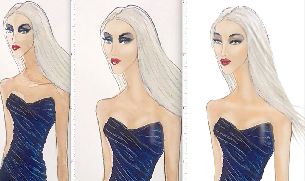 Three identical illustrations by Stacy Stewart Smith of a woman with white hair wearing a blue strapless dress on a white background showing stages of improvement from hand drawing to digital enhancement in Photoshop.