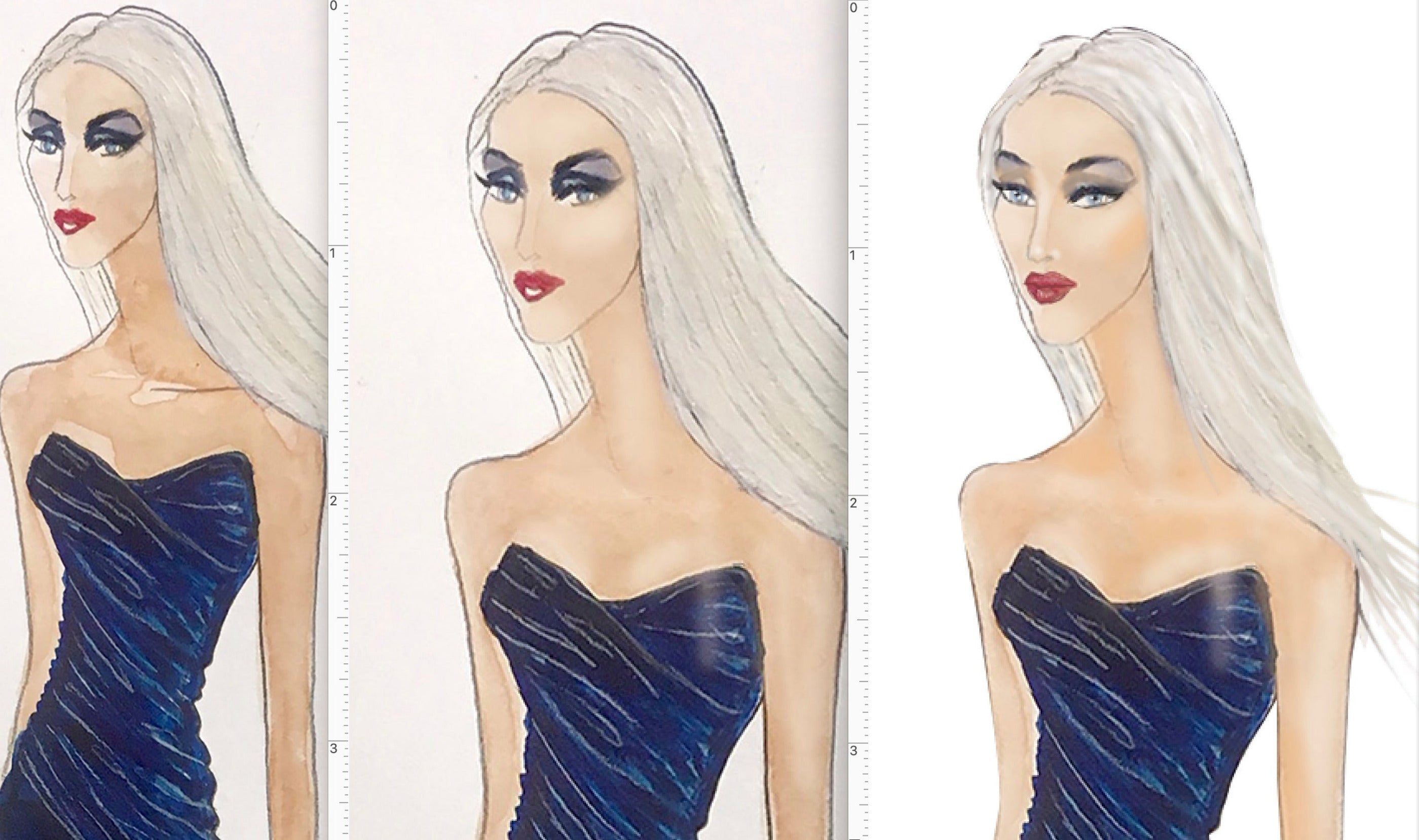 Three identical illustrations by Stacy Stewart Smith of a woman with white hair wearing a blue strapless dress on a white background showing stages of improvement from hand drawing to digital enhancement in Photoshop.