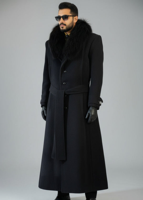 Stacy Stewart Smith Men's Harris Tweed Wool Processional Great Coat with Raccoon fur collar on mannequin standing 6'3" frontal view.