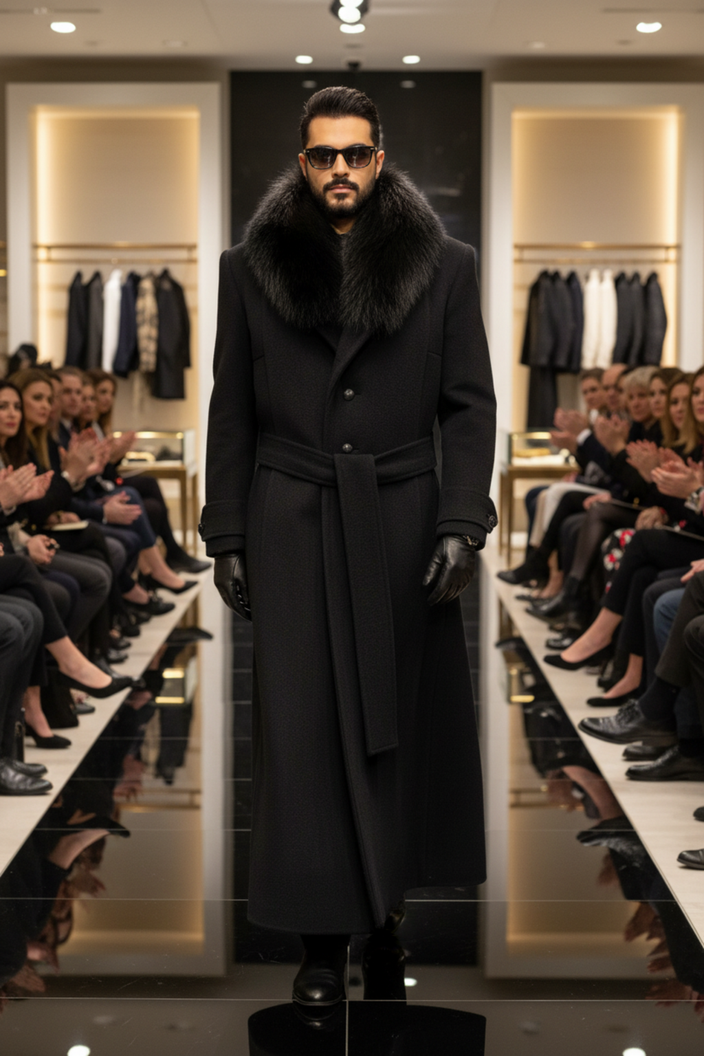 Stacy Stewart Smith men's Harris Tweed Processional great coat on a  mannequin 5'3" in an upscale department store fashion show with spectators.