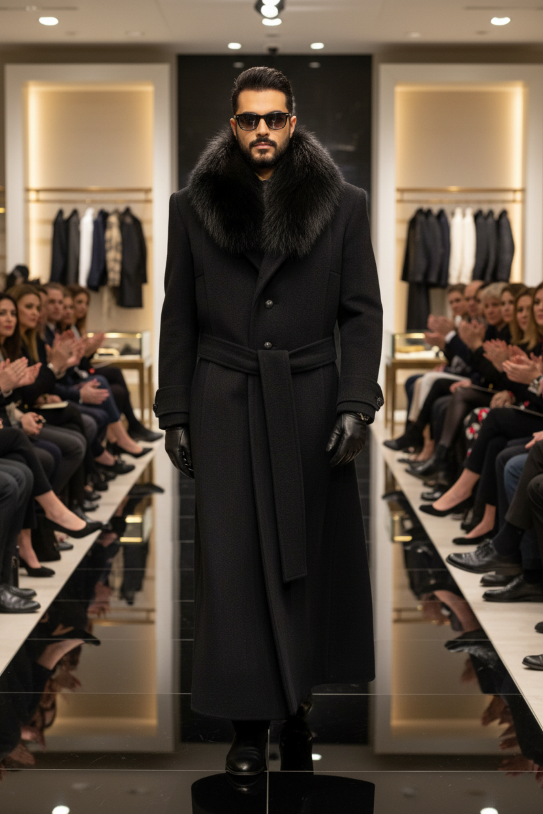 Stacy Stewart Smith men's Harris Tweed Processional great coat on a  mannequin 5'3" in an upscale department store fashion show with spectators.
