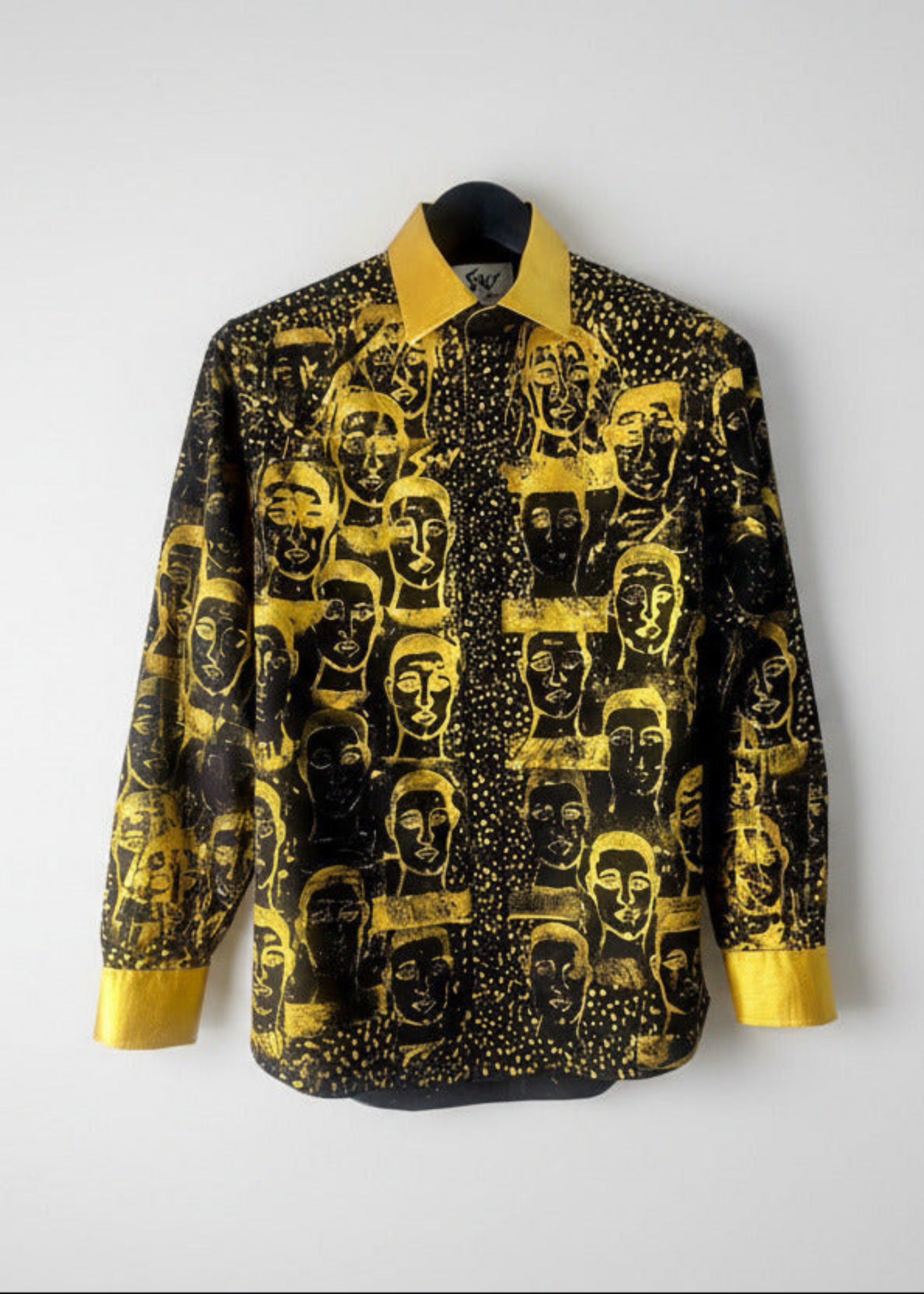 Stacy Stewart Smith Men's Pawns in Gold on Black Hand-Painted Premium Cotton Percale Dress Shirt floating front view.