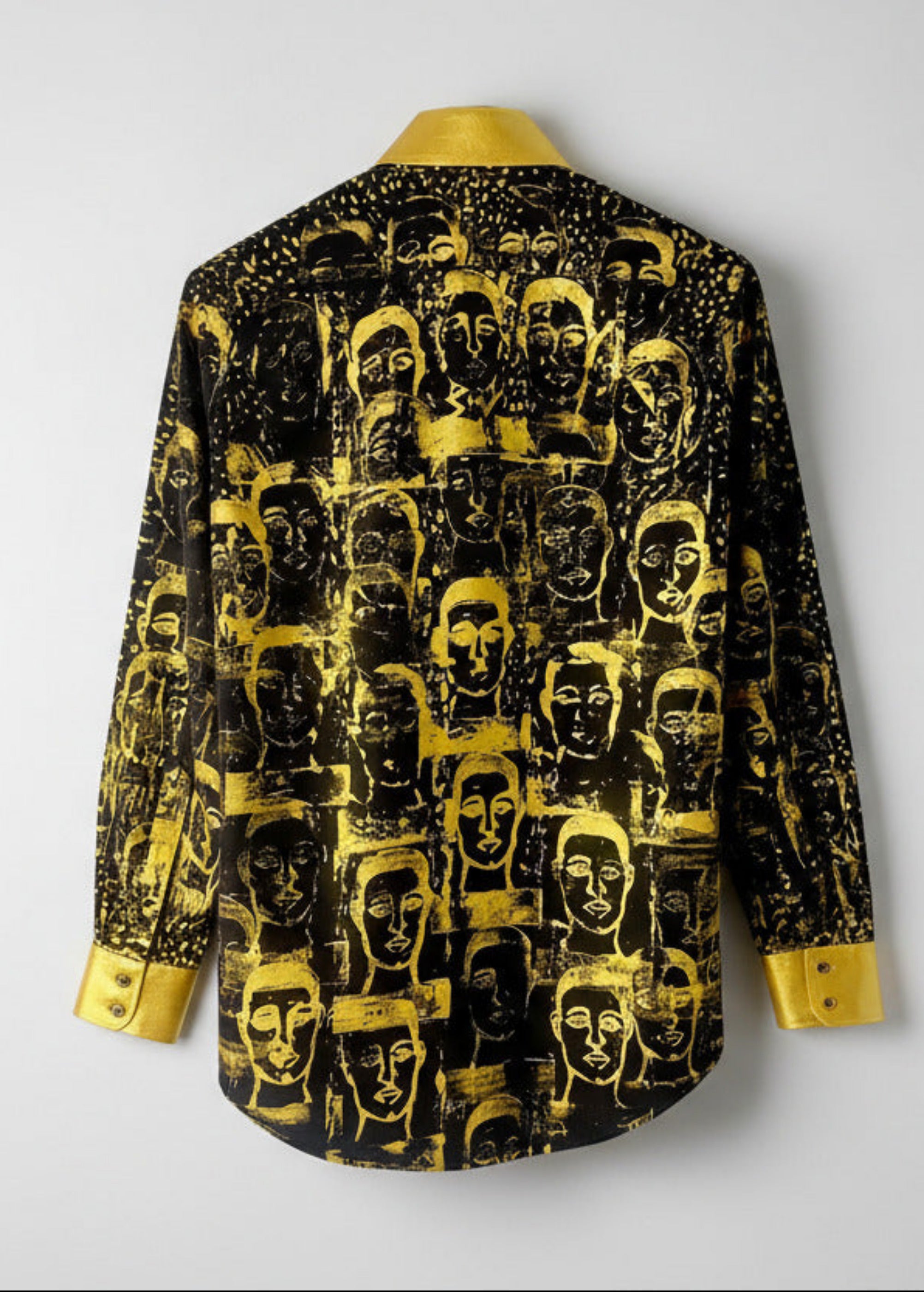 Stacy Stewart Smith Men's Pawns in Gold on Black Hand-Painted Premium Cotton Percale Dress Shirt floating back view.