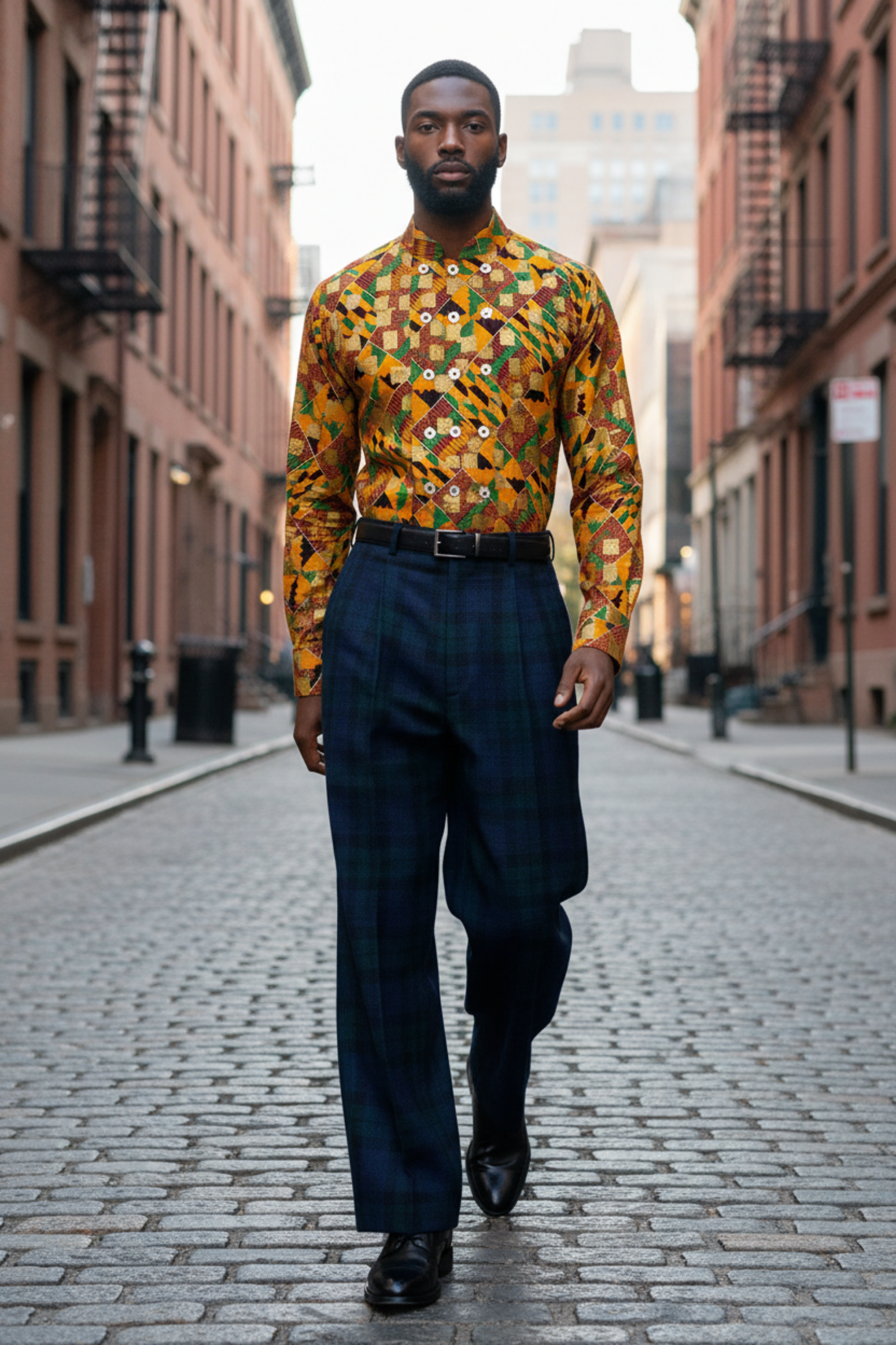 Stacy Stewart Smith's Blackwatch Plaid Harris Tweed © Reality Pants With the Noble Kente cloth cotton shirt featuring a vibrant multicolor tribal motif standing on a handsome male model walking in SOHO, New York.