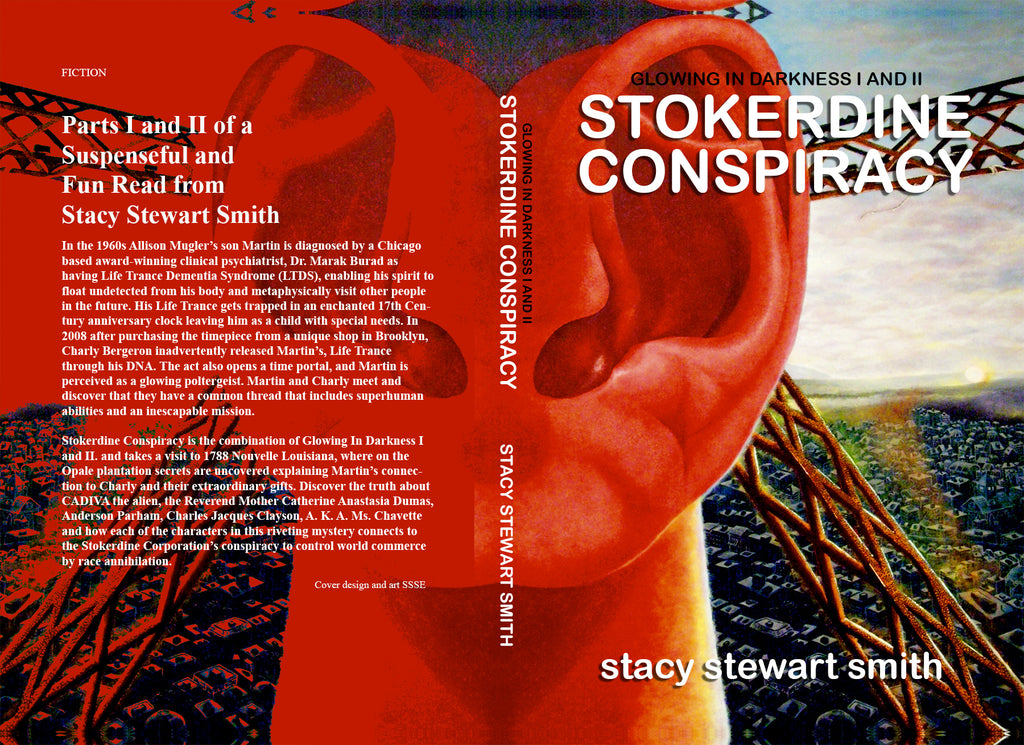 Full book cover of 'Stokerdine Conspiracy' by Stacy Stewart Smith with a red ear and cityscape background.