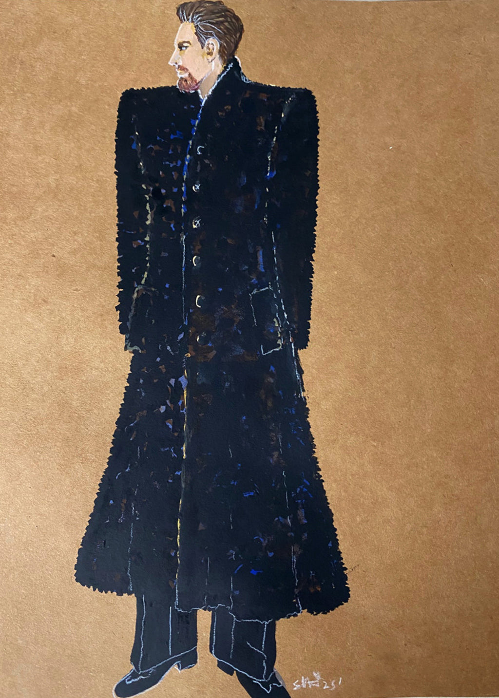 Original Watercolor Hand-Painted Fashion Illustration by Stacy Stewart Smith for The Bishop Shearling Coat, circa 2025 shows a male model wearing a black fur coat on brown paper.