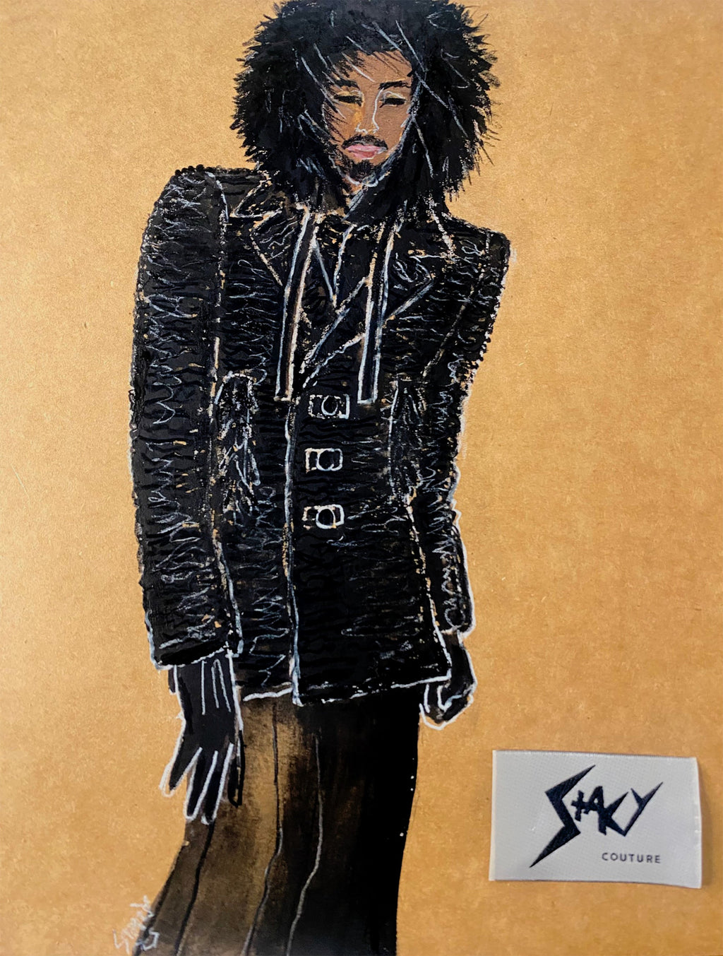 An original watercolor and pencil fashion illustration by Stacy Stewart Smith of his men's Onyx Expedition Faux Persian Lamb Coat with Detachable Raccoon Collar. on natural brown paper. A small 'STACY COUTURE' label is visible in the lower right corner.