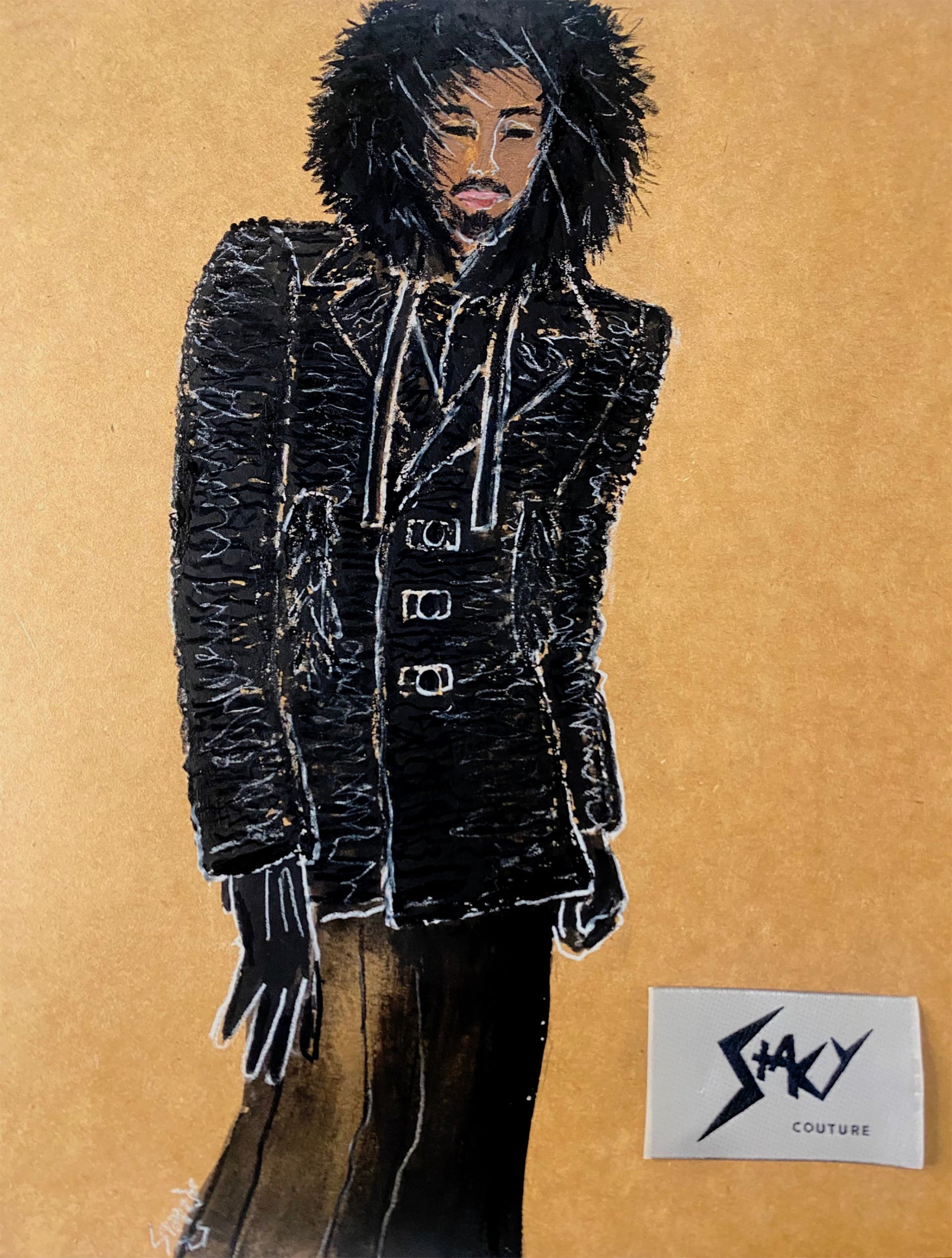 An original watercolor and pencil fashion illustration by Stacy Stewart Smith of his men's Onyx Expedition Faux Persian Lamb Coat with Detachable Raccoon Collar. on natural brown paper. A small 'STACY COUTURE' label is visible in the lower right corner.