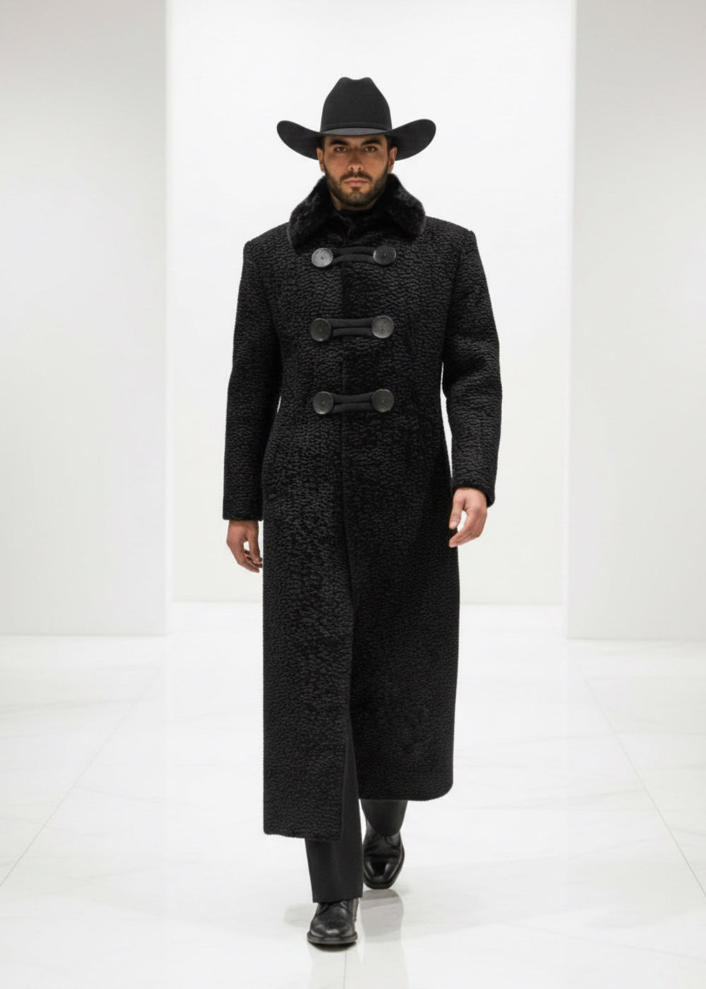 Stacy Stewart Smith Night Watchman Faux Persian Lamb coat on mannequin 6'3" Runway frontal view with white background.