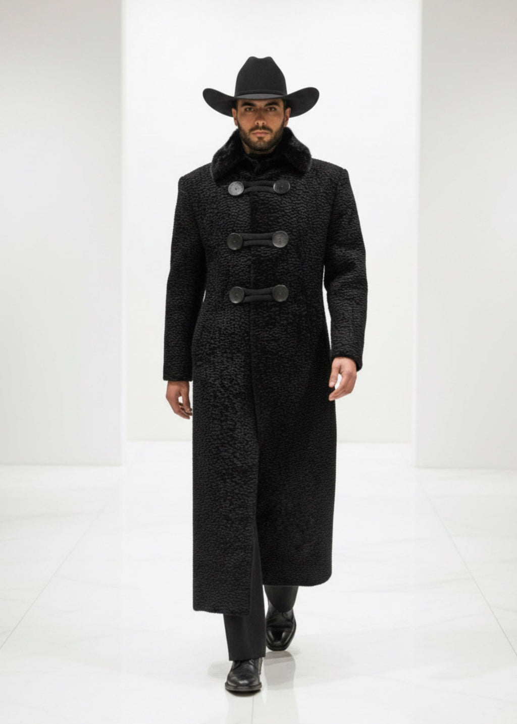 Stacy Stewart Smith Night Watchman Faux Persian Lamb coat on mannequin 6'3" Runway frontal view with white background.