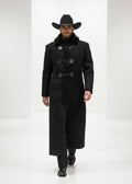 Stacy Stewart Smith Night Watchman Faux Persian Lamb coat on mannequin 6'3" Runway frontal view with white background.