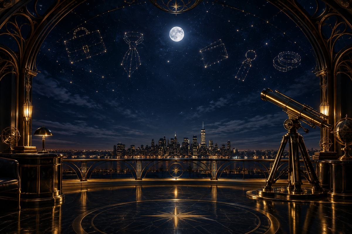 A gothic observatory interior with a brass telescope, globe, and scientific instruments overlooking a city skyline at night under a full moon and constellations.