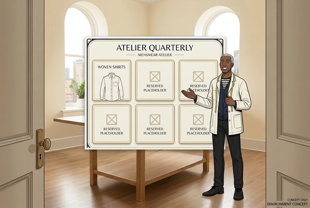 A stylized interior scene showing Couture (an animated version of designer Stacy Stewart Smith), a man in a white lab coat, standing beside a large display board labeled 'ATELIER QUARTIERLY MENSWEAR ATELIER' with sections for woven shirts, reserved placeholders, and reserved pockets. The room has cream walls, arched windows, and wood flooring.