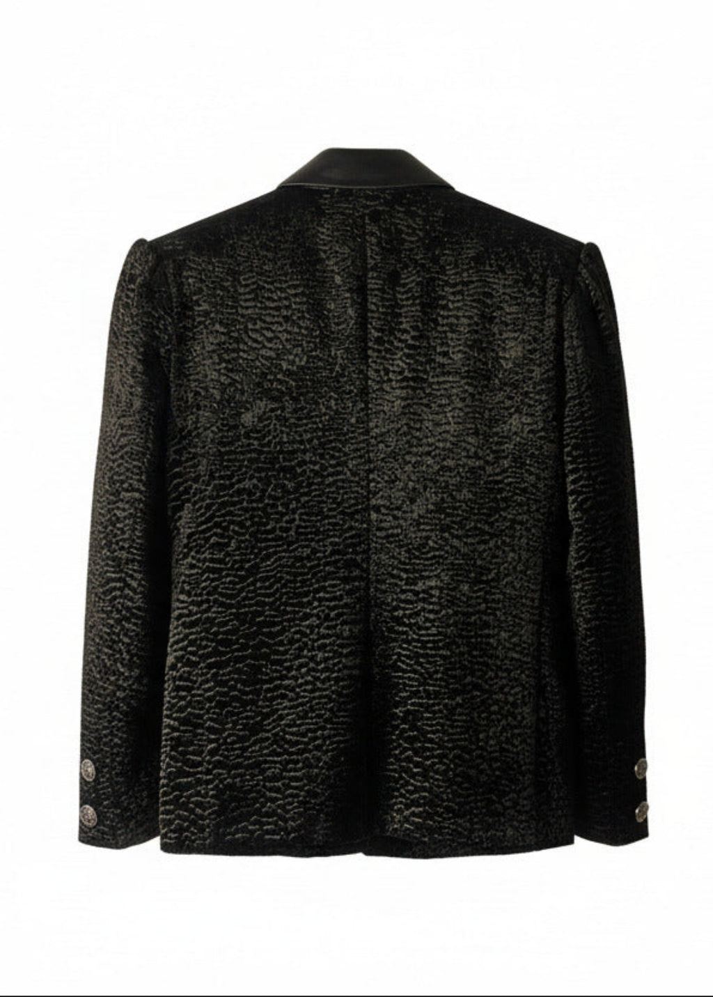 Stacy Stewart Smith Men's Faux Persian lamb Edwardian Abbreviated Tuxedo jacket, shown floating from back view.
