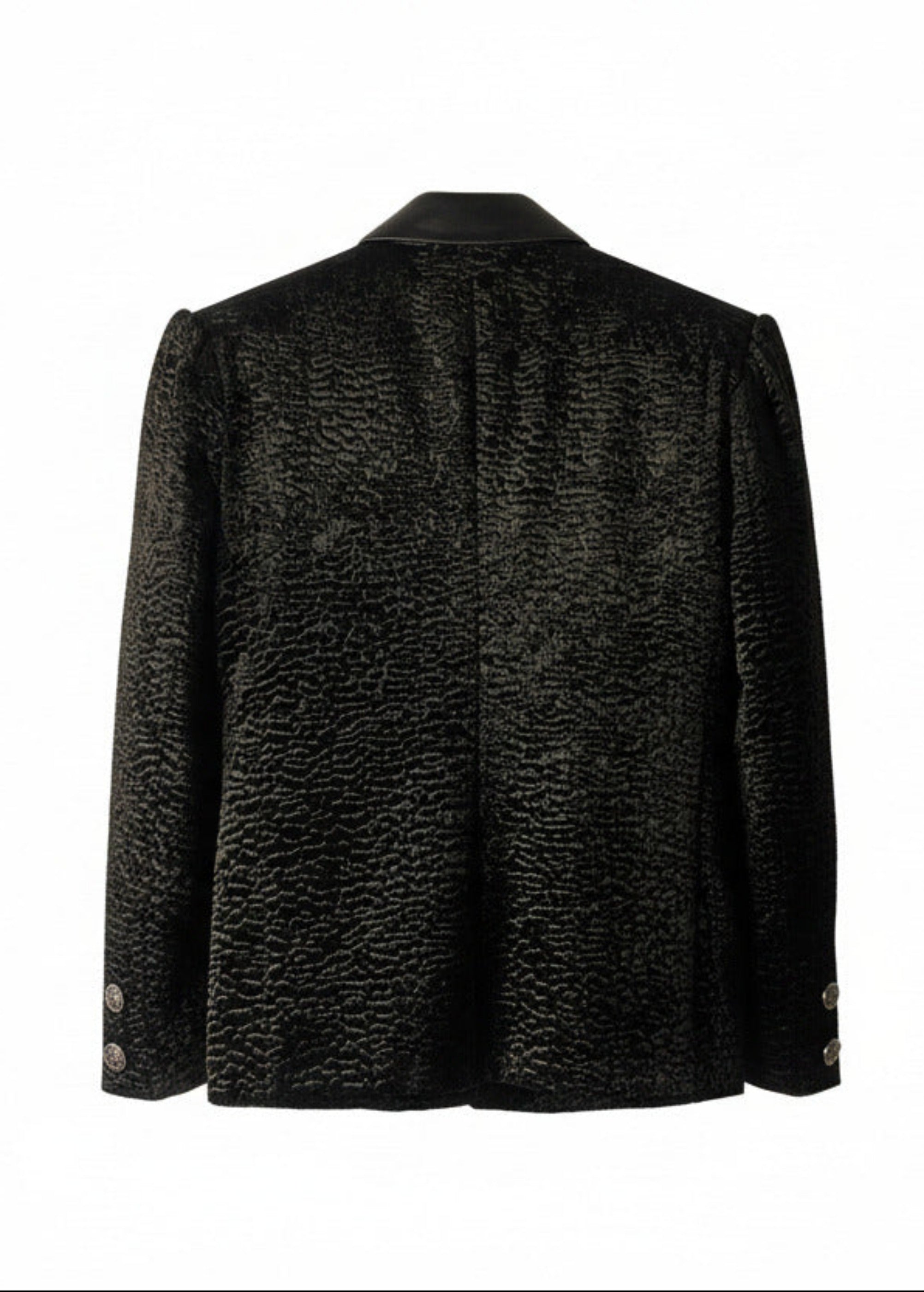 Stacy Stewart Smith Men's Faux Persian lamb Edwardian Abbreviated Tuxedo jacket, shown floating from back view.