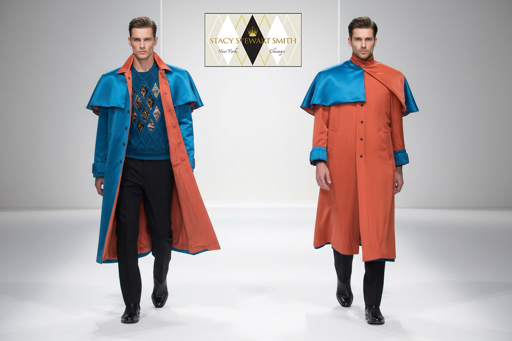 Stacy Stewart Smith Men's Baron Shower Coat on two mannequins 6'3" walking in a fashion presentation open frontal view blue  side on left and Persimmon reverse side on the right closed. White background and brand sign showing