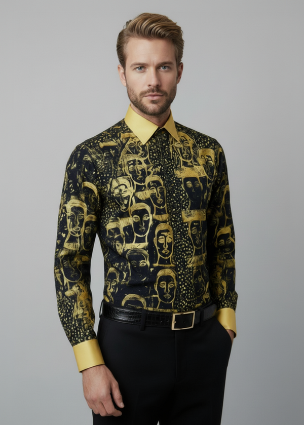 Stacy Stewart Smith Men's Pawns in Gold on Black Hand-Painted Premium Cotton Percale Dress Shirt on a mannequin 6'3" with a gray backdrop. 