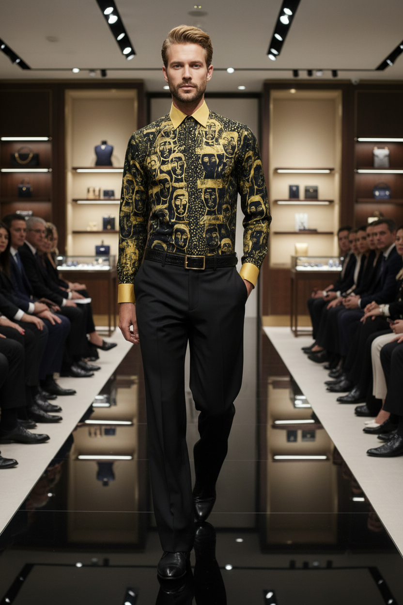 Stacy Stewart Smith Men's Pawns in Gold on Black Hand-Painted Cotton Percale Dress Shirt — Wholesale 6-Pack