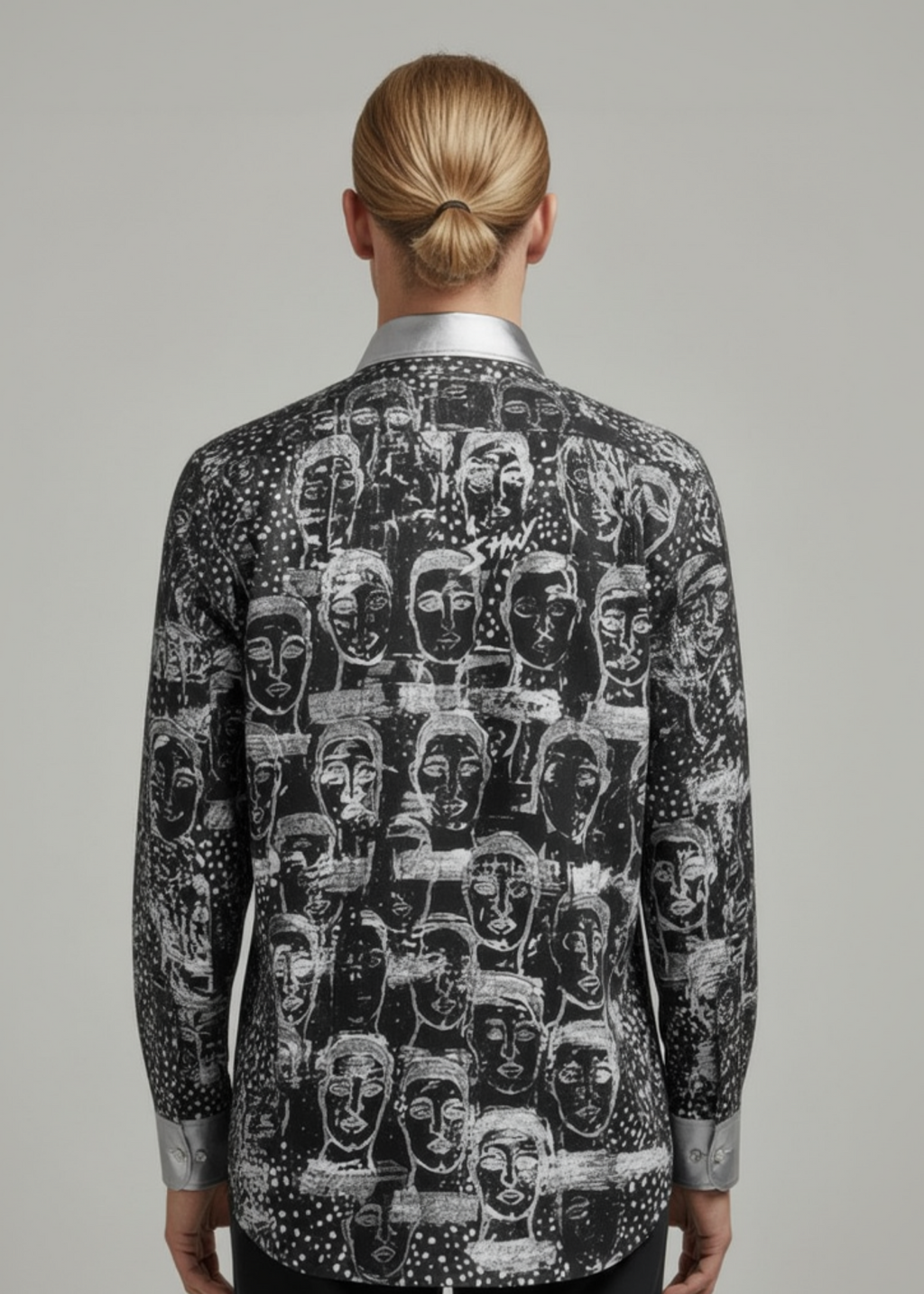 Stacy Stewart Smith Men’s Pawns in Silver on Black Hand-Painted Premium Cotton Percale Dress Shirt on a mannequin 6'3" back view  in front of gray backdrop.