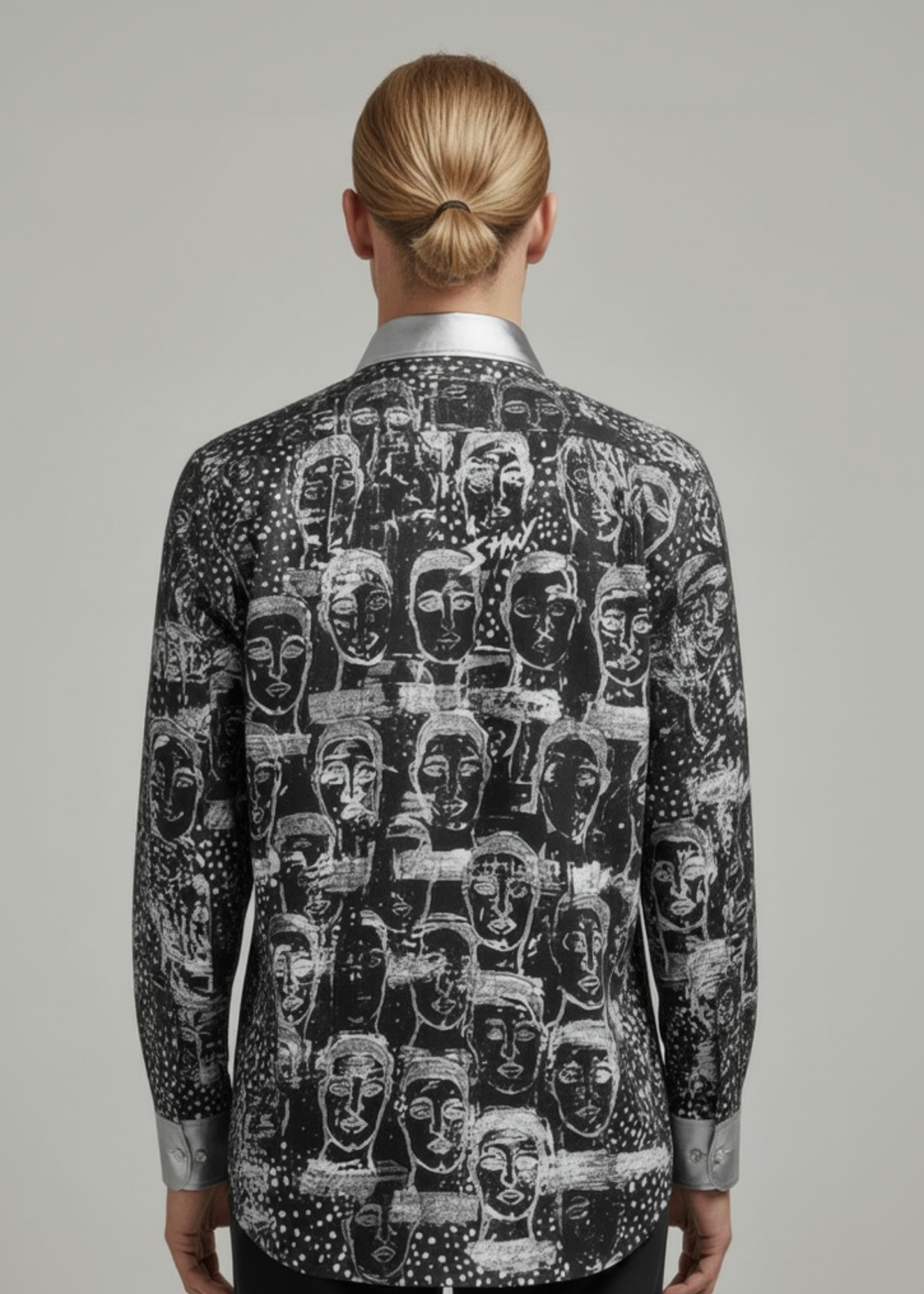 Stacy Stewart Smith Men’s Pawns in Silver on Black Hand-Painted Premium Cotton Percale Dress Shirt on a mannequin 6'3" back view  in front of gray backdrop.